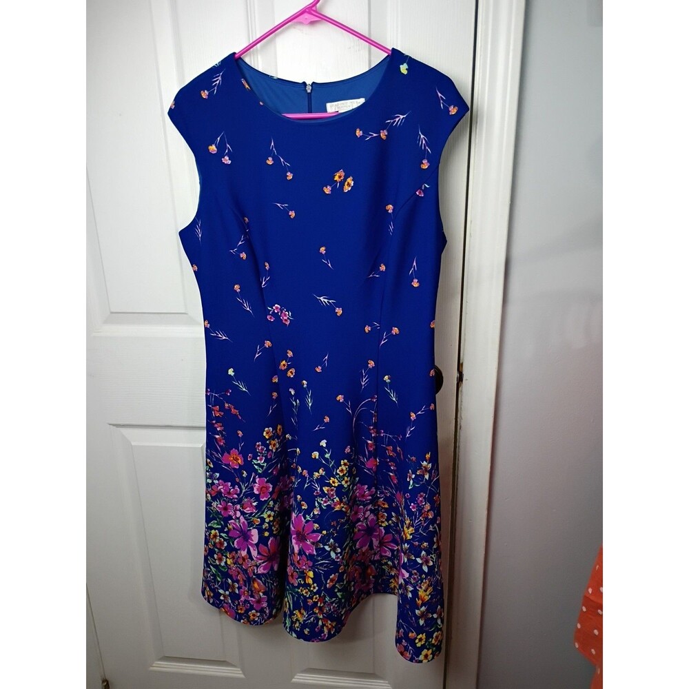 London Times Cap Sleeve Blue Pink Floral Fit&Flare Scuba Crepe Mini Dress Sz 12P
